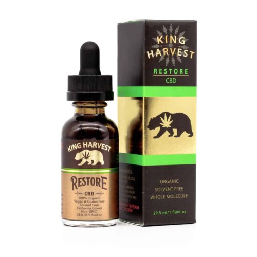Restore CBD oragnic oil filled in a bottle beside a box